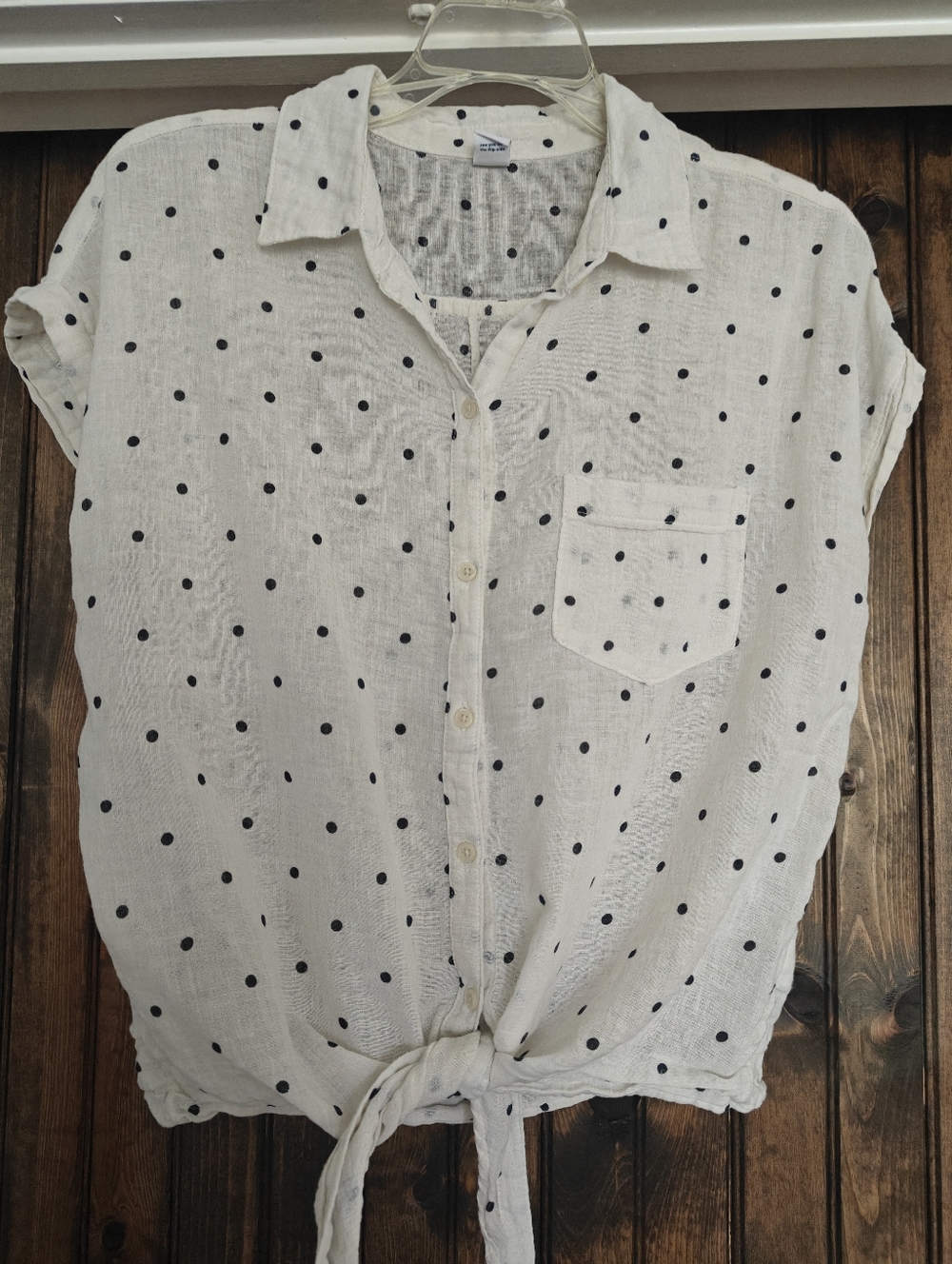 Old Navy White Button-Front Polka Dot Tie-Hem Shirt